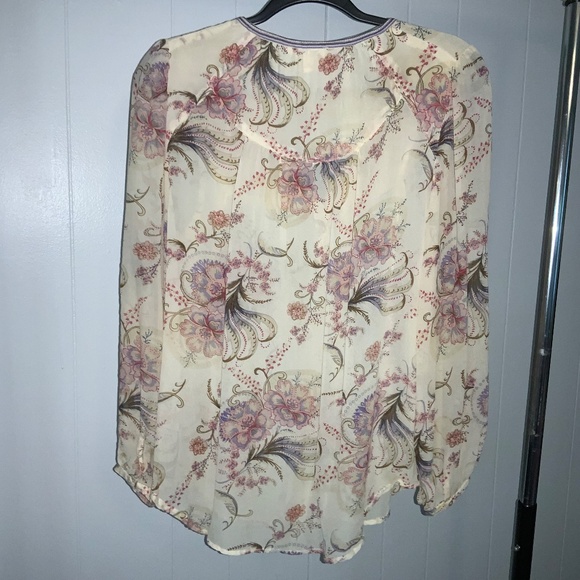 Sundance silk floral beaded split neck blouse Sz M long sleeve button cuff - Picture 5 of 7